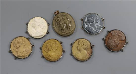 Six 19th century carved lava set oval bracelet panels ( no links) and a similar oval pendant